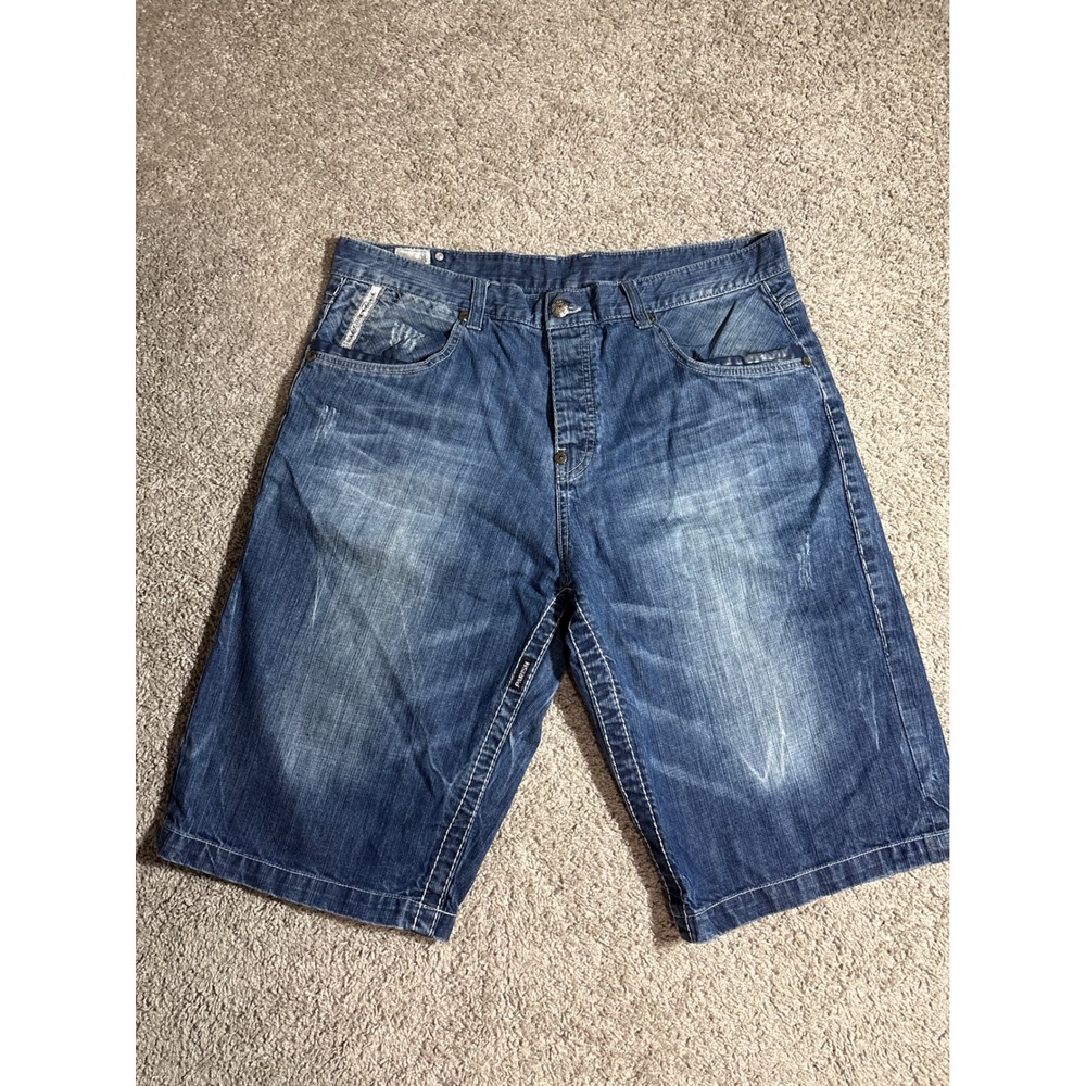 Parish Nation Mens Denim Shorts 38 Blue Baggy Y2K Streetwear Distressed Studded